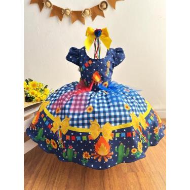 Imagem de Vestido Infantil Junino Azul Xadrez Colorido Festa São João - Petit Da