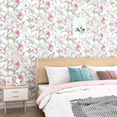 Imagem de Mangoloo Papel de parede floral de magnólia rosa Coquette vintage floral para armários de quarto de banheiro papel de contato branco rosa autoadesivo removível amigável para locatários 44,5 x 200,2 cm