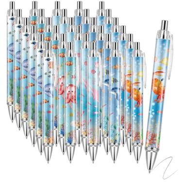 Imagem de 30 canetas esferográficas submarinas retráteis, peixe, tubarão, lembrancinhas de festa no fundo do mar, com refil de caneta esferográfica substituível de tinta preta de 1 mm para crianças, aniversário