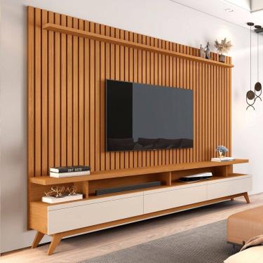 Imagem de Rack com Painel para TV 72 Polegadas Cruise 3 Gavetas Ripado Natural/ Off White - Pnr Móveis