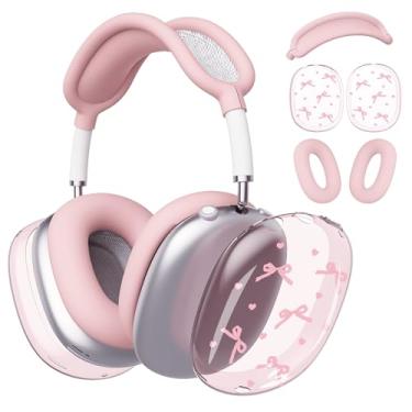 Imagem de BlHMCASE Capa de fone de ouvido para AirPods Max, capa fofa kawaii rosa com laço de coração transparente, capa de silicone rosa para fones de ouvido para Apple AirPods Max