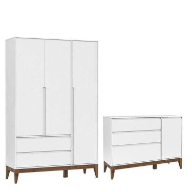 Imagem de Cômoda Com Porta E Guarda Roupa Nature Clean 3 Portas Branco Acetinado Eco Wood - Matic