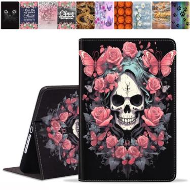 Imagem de DEHJYYIJUY Capa para iPad 9,7 2018/2017, iPad Air/Air 2, capa inteligente fina de couro PU com despertar/hibernar automático para iPad 6ª/5ª geração de 9,7 polegadas, caveira borboleta rosas