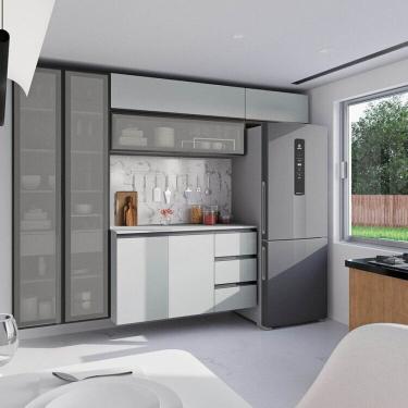 Imagem de Cozinha Modulada 5 Peças 3 Aéreos 1 Balcão 1 Cristaleira Nara Cabecasa Madeiramadeira Cinza Claro