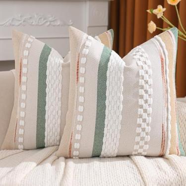 Imagem de Tosleo Conjunto de 2 capas de almofada boho 45,7 x 45,7 cm, listras brancas e verdes, decoração de chenille, fronhas de chenille, capa de almofada com textura nuetral boêmia