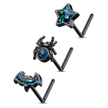 Imagem de CM Crareesi Mania Piercing de nariz preto, 3 peças, joia de piercing de nariz de Halloween 16G em forma de L para mulheres e homens, joia de narina estrela