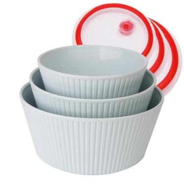 Imagem de JCXivan Tigela segura para micro-ondas com tampas, 3 tigelas de plástico mais grossas com conjunto de saída de ar selada, recipiente de ramen para cozinha cozinhar aveia, macarrão, salada