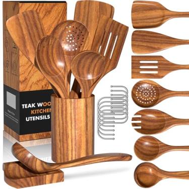 Imagem de Conjunto de utensílios de cozinha de teca natural com suporte, colheres de madeira para cozinhar, conjunto de 10 espátulas de cozinha com descanso de colher, conjunto de utensílios de madeira para