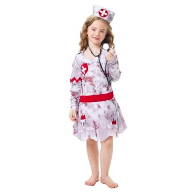 Imagem de DEZEXHOM Horror Nurse Costume for Kids Halloween Scary Bloody Dress Outfit Girl with Nurse Hat for Career Day Halloween Party (6-7 Years)
