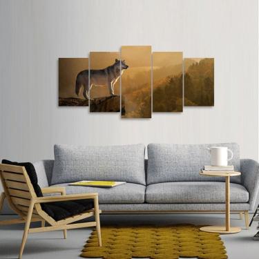 Imagem de Quadro Lobo na Natureza Mosaico 5 Peças Para Sala Quarto