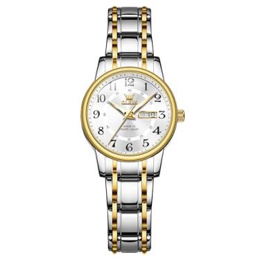 Imagem de OLEVS Relógios femininos, femininos prateados, à prova d'água, dois tons, analógico, aço inoxidável, luxuoso, moderno, algarismos arábicos, relógio delicado, relógios femininos para pulsos pequenos