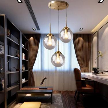 Imagem de Lâmpada Suspensa Industrial E27 Escadas 3-luzes Luminária Pendente Luz Metal Com Abajur De Globo De Vidro Luzes Retro Teto Luzes Penduradas Sala De Jantar Cozinha Ilha Lustre, Clear