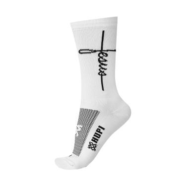 Imagem de Meia HUPI Jesus Branco/Preto 1 Par Cano Médio Ideal Corrida e Ciclismo, Tamanho Plus 42-46