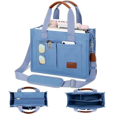 Imagem de KKXIU Bolsa feminina grande de lona com zíper e compartimentos, bolsa carteiro bíblica de trabalho transversal com bolsos, Azul, X-Large