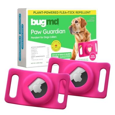 Imagem de BugMD Pingente Paw Guardian de pulgas e carrapatos (pacote com 2) com suporte para AirTag – Prevenção de pulgas e carrapatos à base de plantas para cães e gatos – Etiqueta de coleira e suporte de