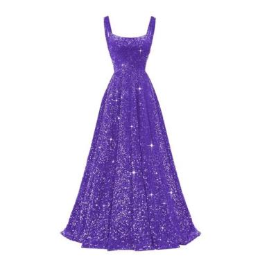 Imagem de Vestido de formatura Miao Duo Purple Sequin A Line, gola quadrada, plu