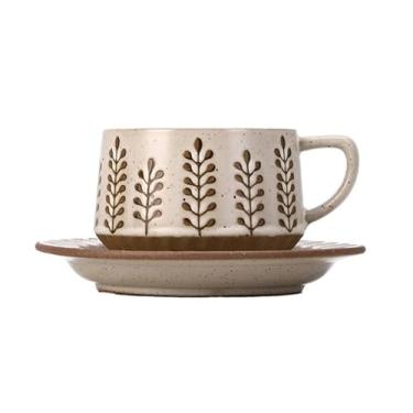 Imagem de Caneca de café de cerâmica Conjunto de xícaras café/chá retrô cerâmica com pires e padrão folhas 300ml