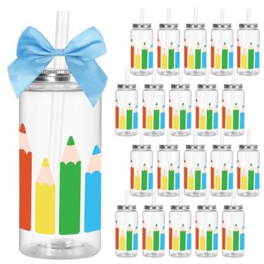 Imagem de JarThenaAMCS 24 peças de copos de plástico para lápis arco-íris com tampas e canudos, lápis coloridos, copos de bebida transparentes com laço azul, copos reutilizáveis para festa de volta às aulas