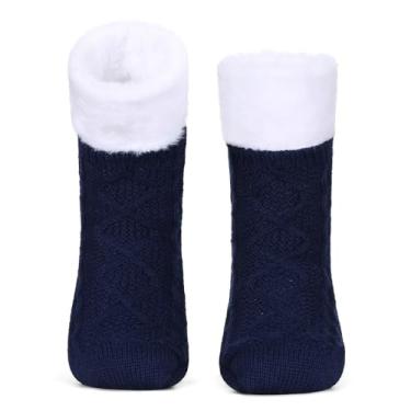 Imagem de Meias femininas de inverno com garras, aconchegantes e aconchegantes forradas de lã de lã grossa de lã de ovelha para uso interno, antiderrapante, presente de Natal, Azul marino, One Size