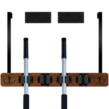 Imagem de XYTZHSAI Suporte de parede para vassoura, suporte de esfregão com 4 compartimentos, 2 ganchos, vassoura de madeira e suporte de esfregão pendurado sobre a porta, organizador de vassoura livre de