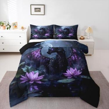 Imagem de Feelyou Conjunto de edredom com dragão e diamante para todas as estações, conjunto de cama com 2 fronhas, microfibra Queen, animais selvagens, decoração de quarto, edredom macio e leve