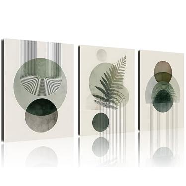 Imagem de TutuBeer Conjunto de arte de parede boho verde sálvia com 3 linhas geométricas folha sol lua bege tela verde arte pinturas de meados do século impressões abstratas minimalistas decoração de parede