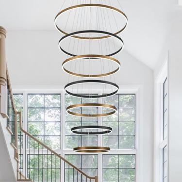 Imagem de CaraLuxe Lustre de LED de 7 anéis, lustre dourado preto, grande, regulável, lustres redondos de teto alto para hall de entrada, escada, sala de estar, 78,7 cm