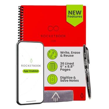 Imagem de Rocketbook Caderno espiral reutilizável New Core, tamanho executivo 15 x 21 cm, vermelho - páginas forradas, conectadas ao aplicativo, apagável, capa durável, ideal para escola, trabalho e projetos