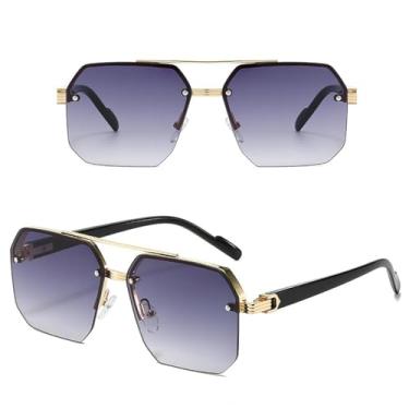 Imagem de JRLLFD Óculos de sol masculinos de metal, meia armação, estilo Rice Nails, casual, retrô, esportivo, para atividades ao ar livre (dourado, cinza)