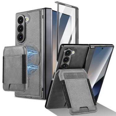 Imagem de Capa para Samsung Galaxy Z Fold 6 [compatível com MagSafe] Protetor de tela integrado e proteção de dobradiça, capa protetora de couro PU fosco vintage - cinza