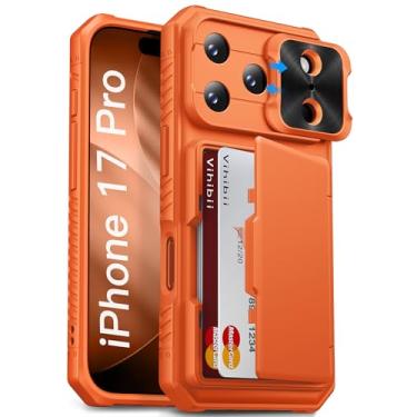 Imagem de Vihibii Capa carteira para iPhone 17 Pro com suporte para cartão (4 cartões) [bloqueio RFID] e capa de câmera deslizante, proteção contra quedas de nível militar, capa de telefone rígida robusta e