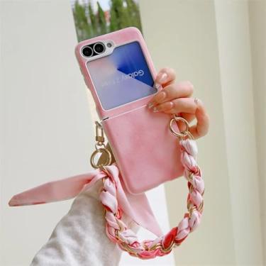 Imagem de Capa protetora à prova de choque para Galaxy Z Flip6 com alça de pulso e lenços (para Galaxy Z Flip6/rosa)