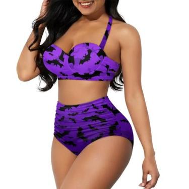 Imagem de Biquíni Yewattles roxo de Halloween com padrão de cintura alta