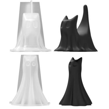 Imagem de Xidmold 2 moldes de vela de Halloween - moldes de silicone 3D Cat Ghost para resina, cera e argila - decoração DIY assustadora, lembrancinhas de festa e artesanato de casa assombrada