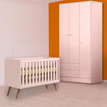Imagem de Infantil Berço Mini Cama Retrô e Guarda Roupa 3P 2G Rosa - Qmovi