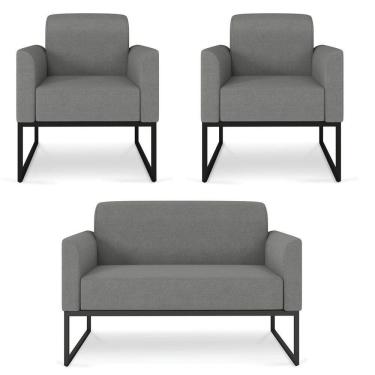 Imagem de Kit Namoradeira e 2 Poltronas Decorativas Base Industrial Preta Maressa A26 Linho Grafite - Ibiza