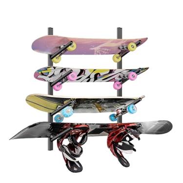 Imagem de DEYOFA Suporte de parede para skate – Suporte de parede para skate, suporte de parede para exibição de snowboard, suporte de esqui | Rack de armazenamento de skate de 4 andares e esqui e snowboard |