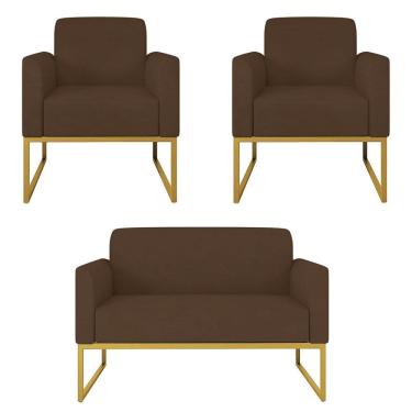 Imagem de Kit Namoradeira e 2 Poltronas Decorativas Base Industrial Dourada Maressa S06 Suede Marrom - Ibiza