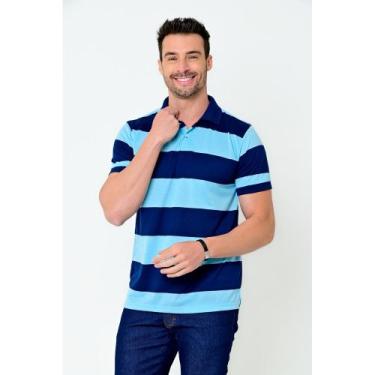 Imagem de Camisa Gola Polo Rick Masculina Listrada Slim Camisaria Colombo, Azul,