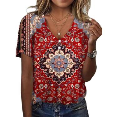 Imagem de Blusa túnica feminina HOTYD com estampa floral boho, decote em V, ombr