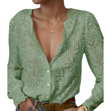 Imagem de Blusa LUXVEER, blusa de renda para mulheres, manga comprida, verde cla