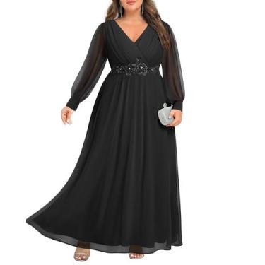 Imagem de Vestidos formais femininos Pinup, plus size, pretos, manga comprida, c