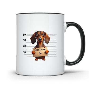 Imagem de CREWSCREATIONS Dachshund Mugshot Jail Puppies Caneca de alça preta 325 ml Caneca de café de cerâmica adorável e engraçada para amantes de cães CCBM1651