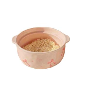 Imagem de Tigela de macarrão instantânea coberta redonda com laço de cerâmica requintada grande capacidade - tigela de macarrão "laço rosa"