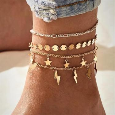Imagem de Conjunto de pulseiras de tornozelo banhadas a ouro para mulheres, tornozeleira ajustável em camadas, corrente de verão, praia, estrela, pé, joias, presentes