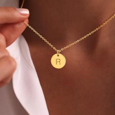 Imagem de Colar feminino com inicial de ouro, banhado a ouro 14K, feito à mão, com pingente de moeda, joia, Medium, Latão, Sem Pedra Preciosa