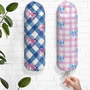 Imagem de 2 peças de suporte de saco de plástico com laço coquete, suporte de sacola de compras xadrez rosa azul para sacolas de plástico, dispensador de armazenamento reutilizável para decoração de casa