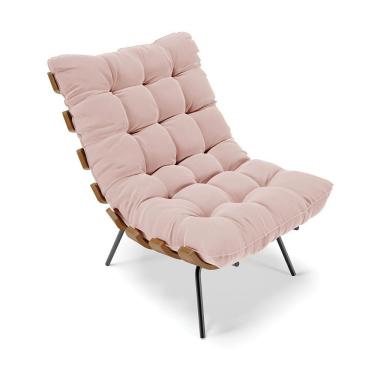 Imagem de Poltrona Costela Veludo Rosê Base Metálica Preto - D'Rossi