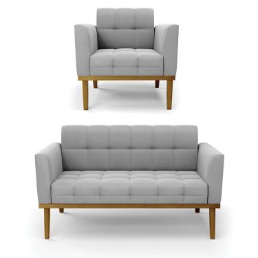 Imagem de Namoradeira Com Poltrona Base De Madeira Castanho Elisa Suede D03 - D\'rossi Cor Cinza