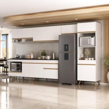 Imagem de Cozinha Modulada Completa 357cm 6 Peças Com Balcão Para Cooktop Veneza Multimóveis Mp2272 Branco Dourado